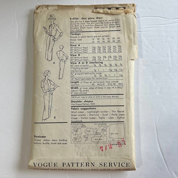 Vogue Special Design Vintage 1950's Pattern #S-4754 Women's Dress Size 18 HTF - Picture 6 of 6